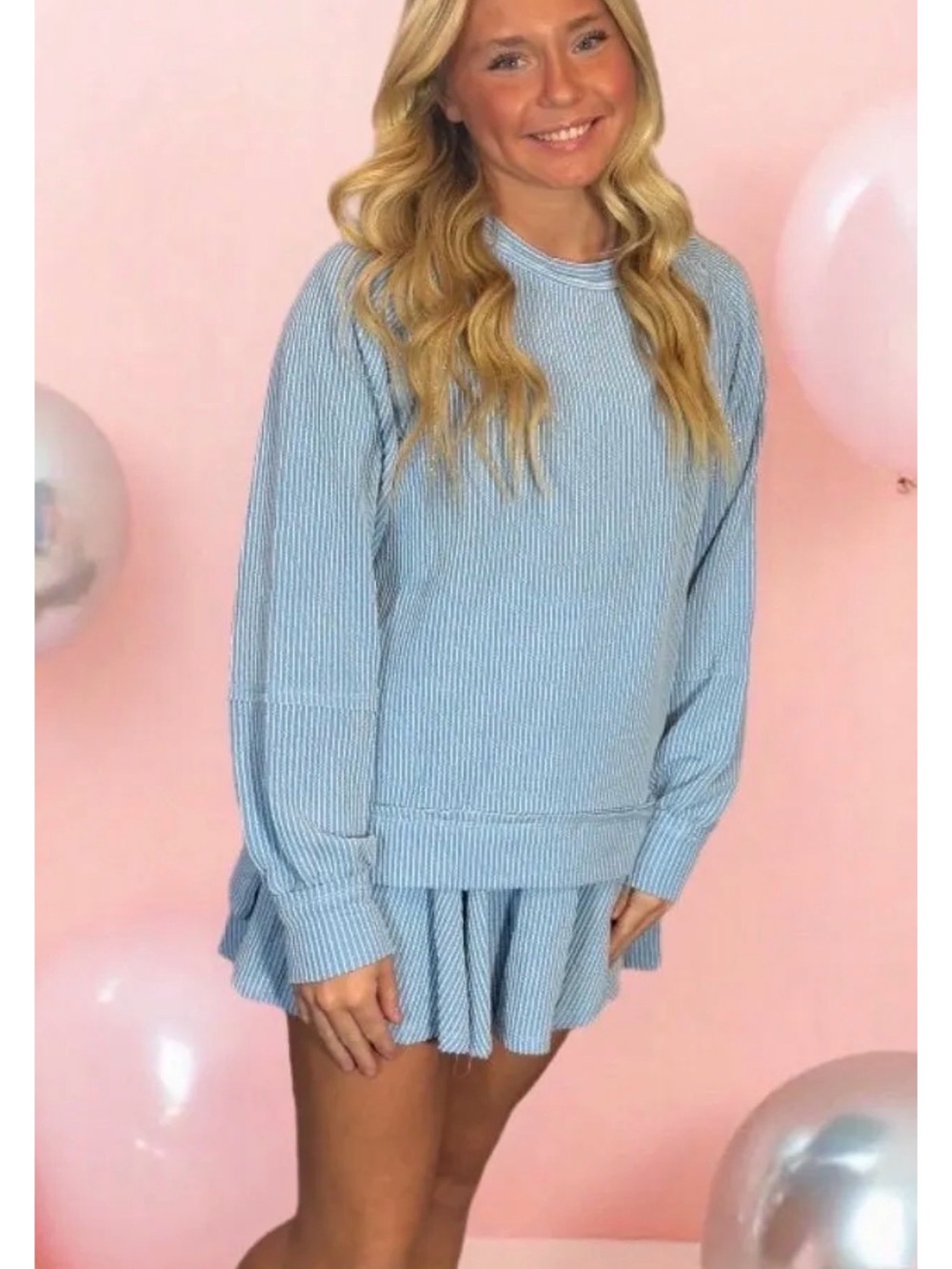 Light Blue Ribbed 2 piece Long Sleeve Sweater and skirt